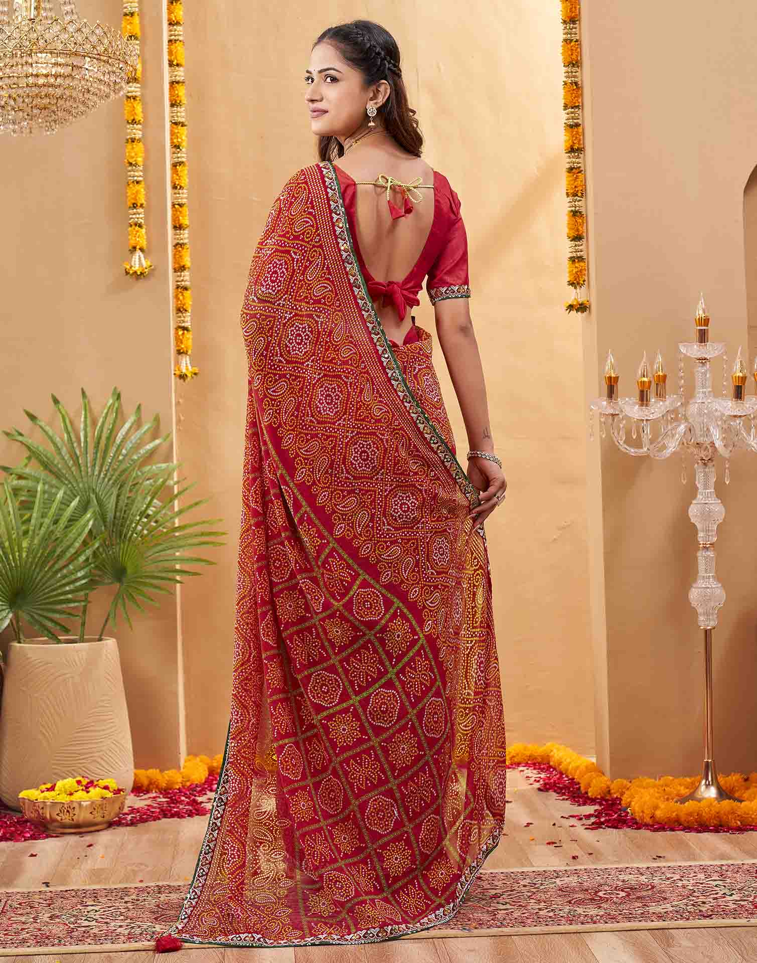 Red Georgette Printed Bandhani Saree