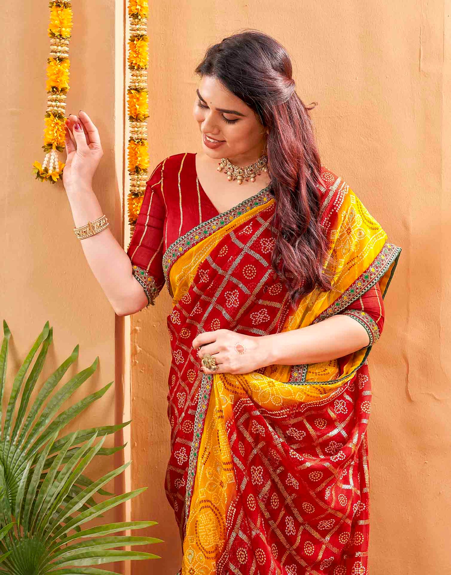 Yellow Georgette Foil Printed Bandhani Saree