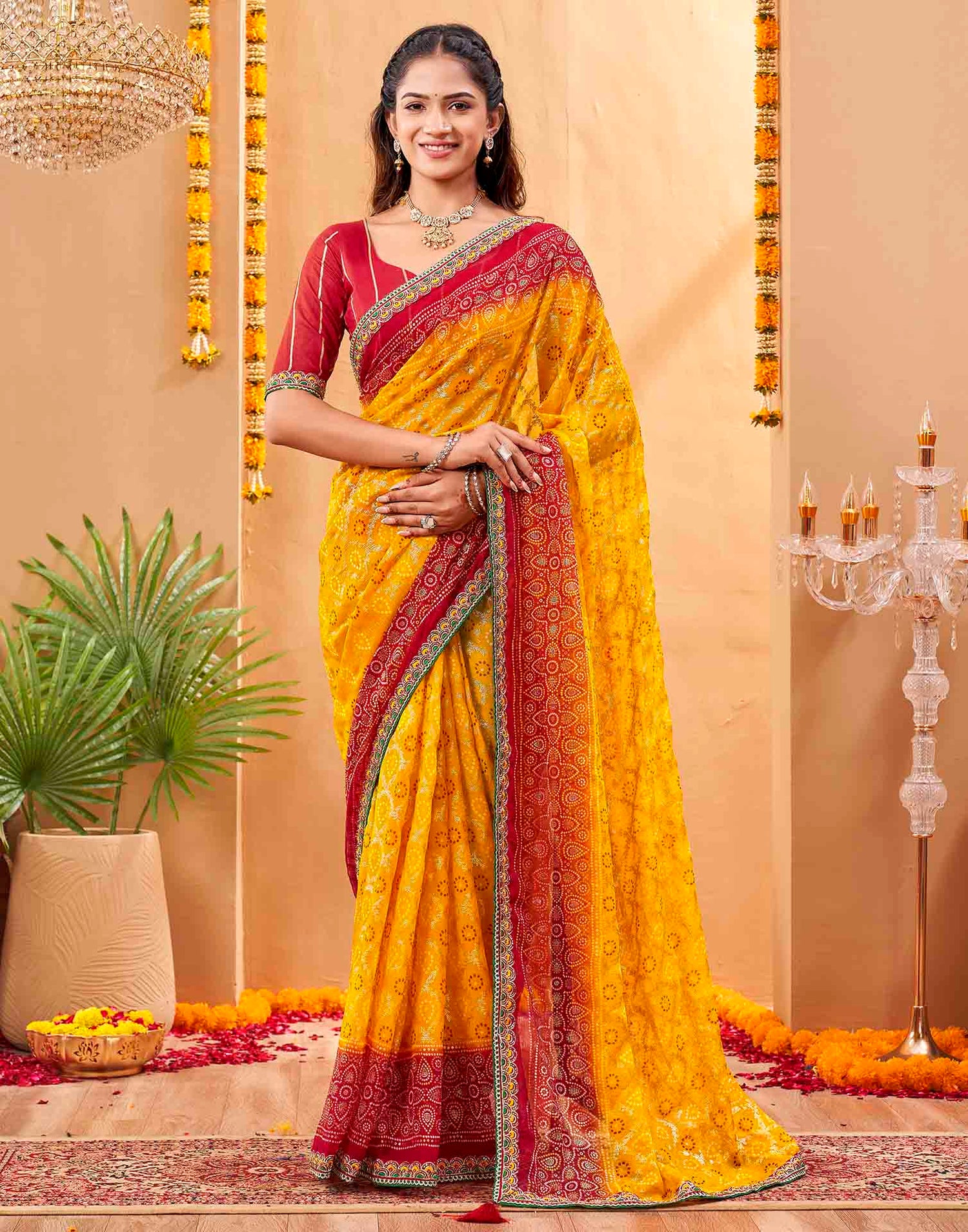 Yellow Georgette Foil Printed Bandhani Saree