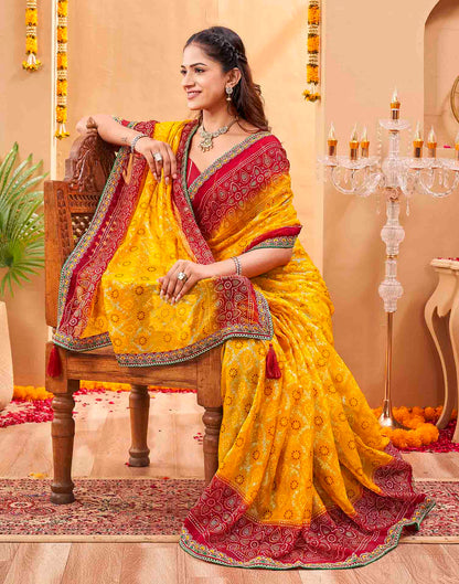 Yellow Georgette Foil Printed Bandhani Saree