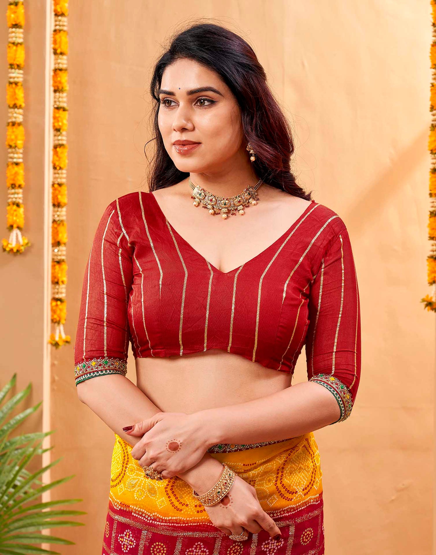 Yellow Georgette Foil Printed Bandhani Saree