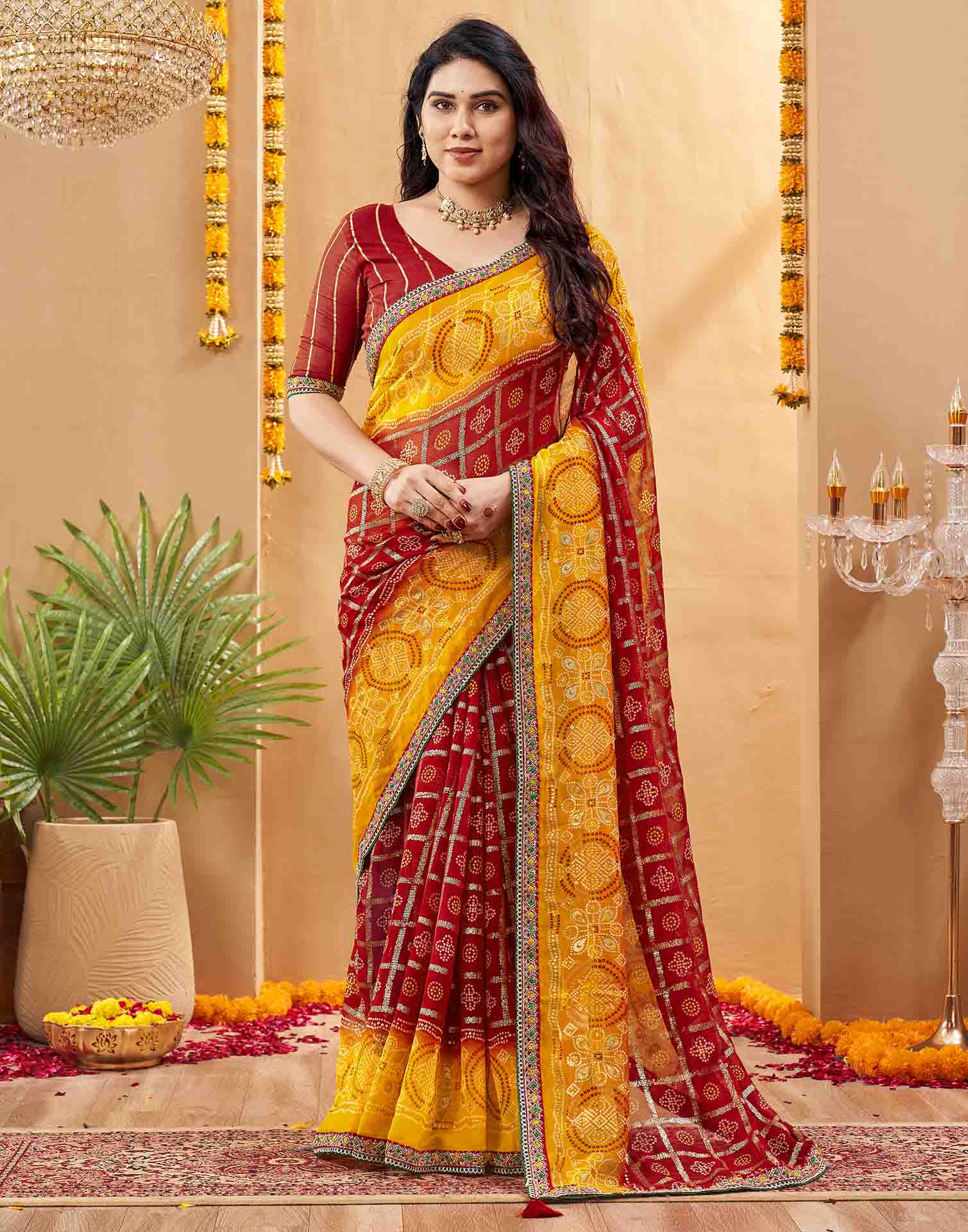 Yellow Georgette Foil Printed Bandhani Saree