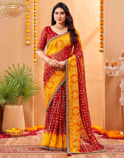 Yellow Georgette Foil Printed Bandhani Saree