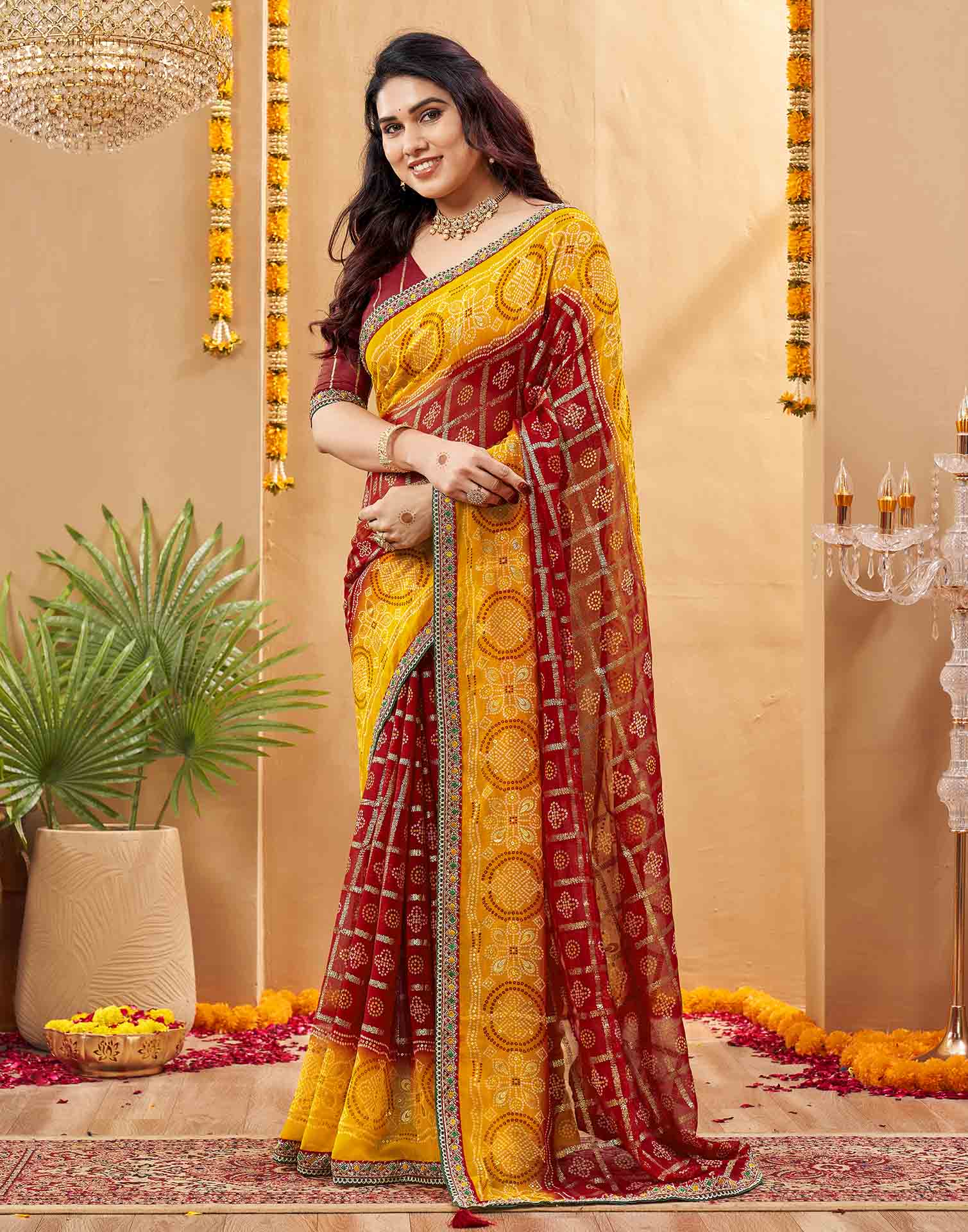 Yellow Georgette Foil Printed Bandhani Saree