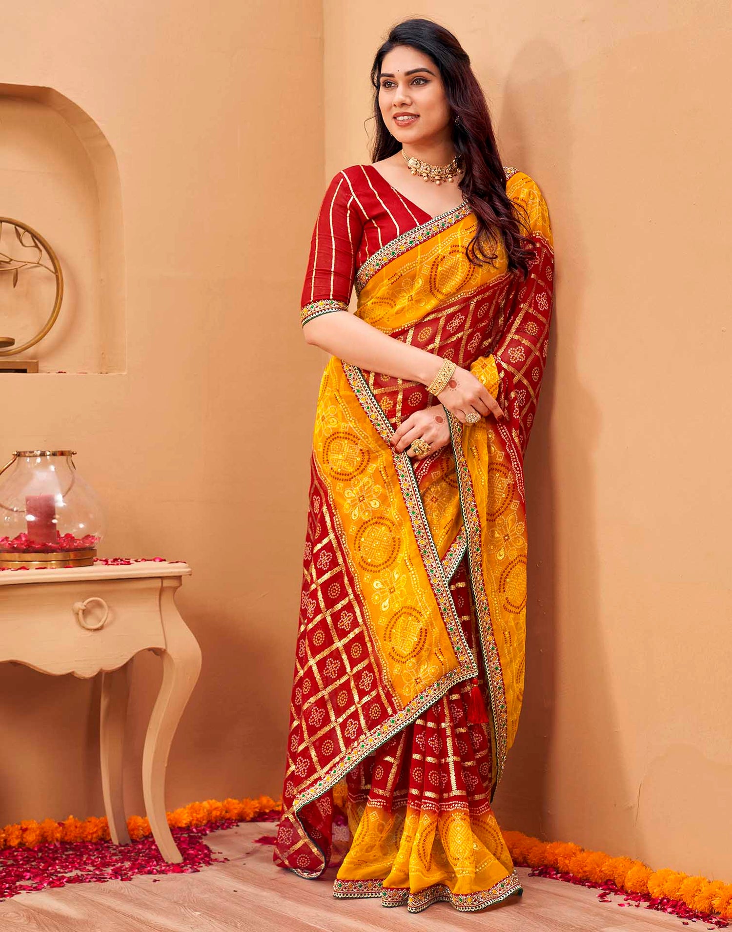 Yellow Georgette Foil Printed Bandhani Saree