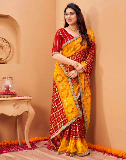 Yellow Georgette Foil Printed Bandhani Saree