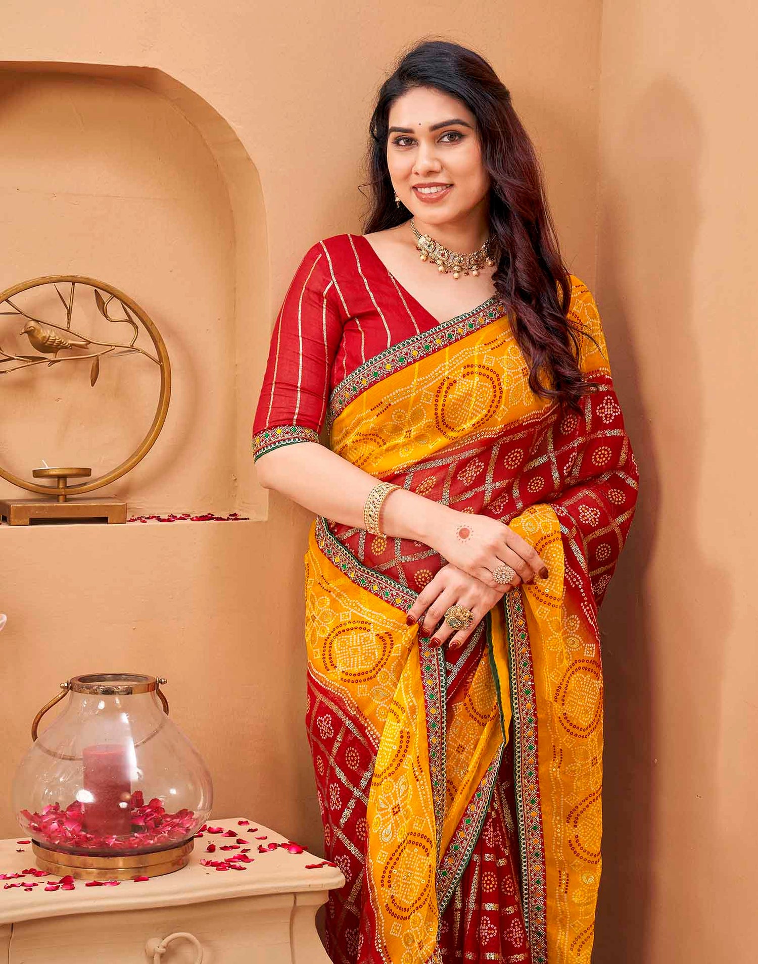 Yellow Georgette Foil Printed Bandhani Saree