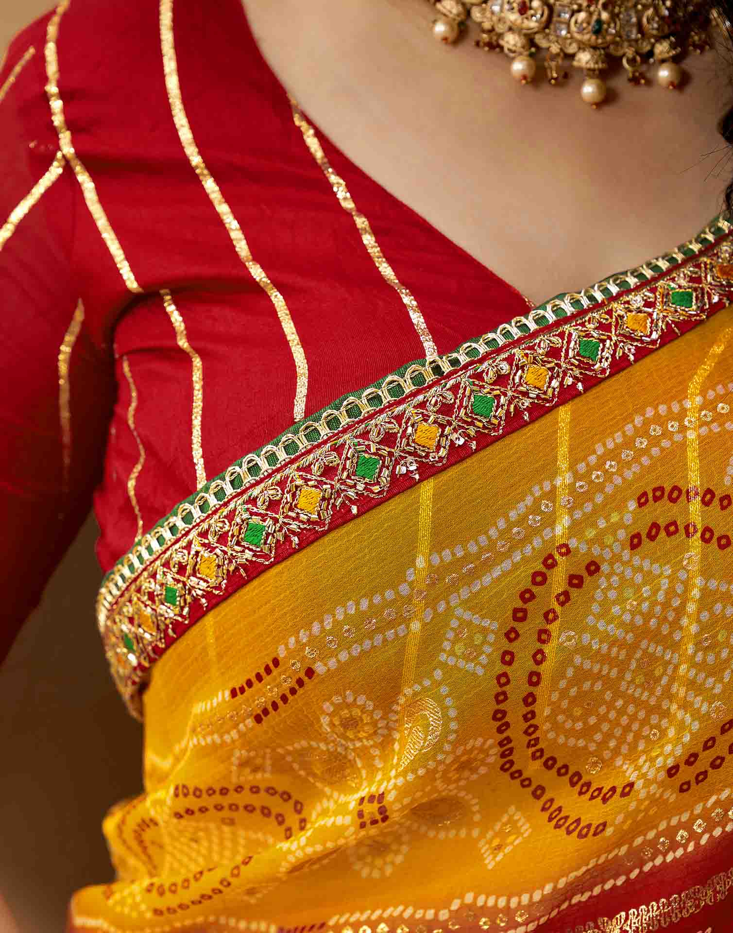 Yellow Georgette Foil Printed Bandhani Saree