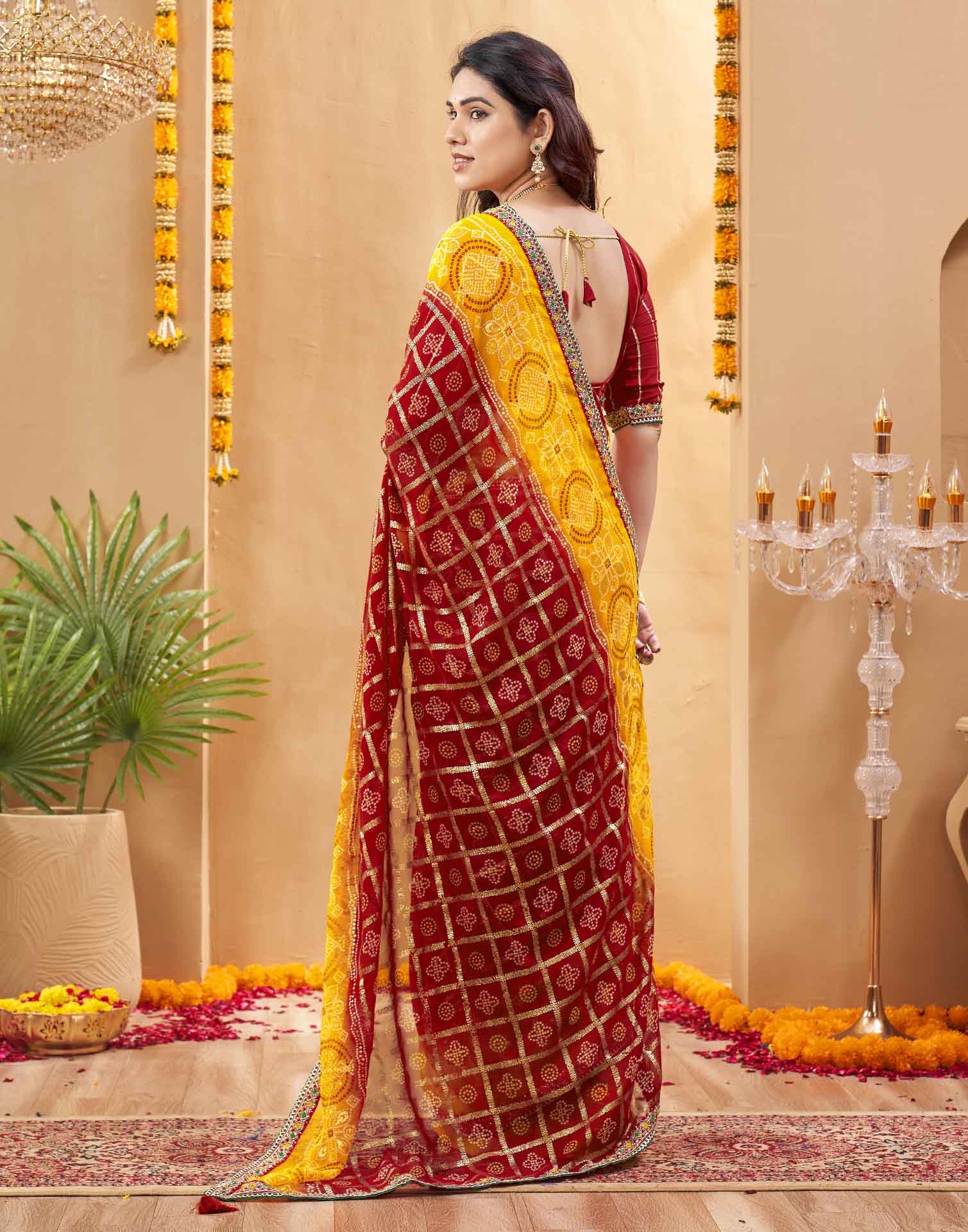 Yellow Georgette Foil Printed Bandhani Saree