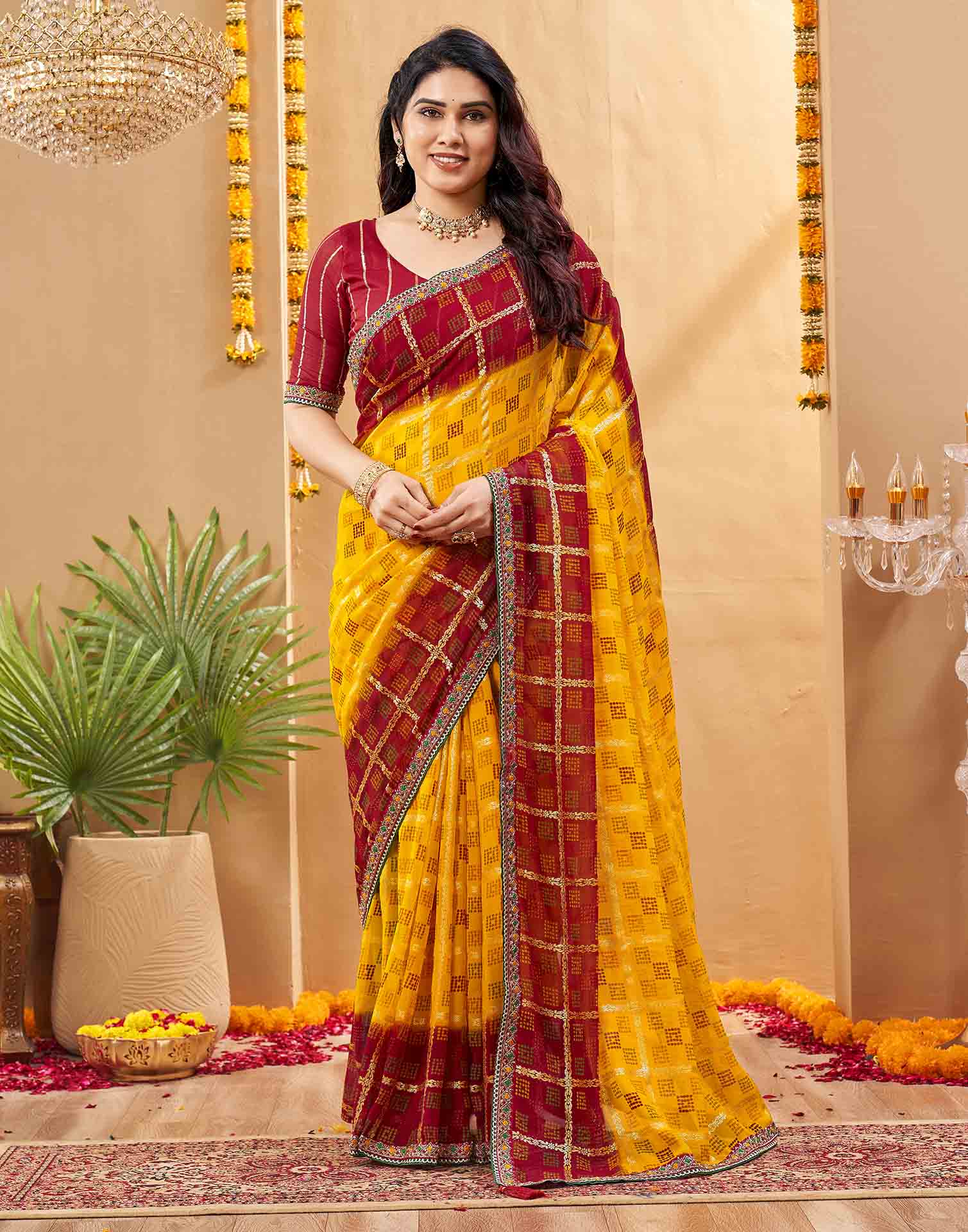 Yellow Georgette Foil Printed Bandhani Saree