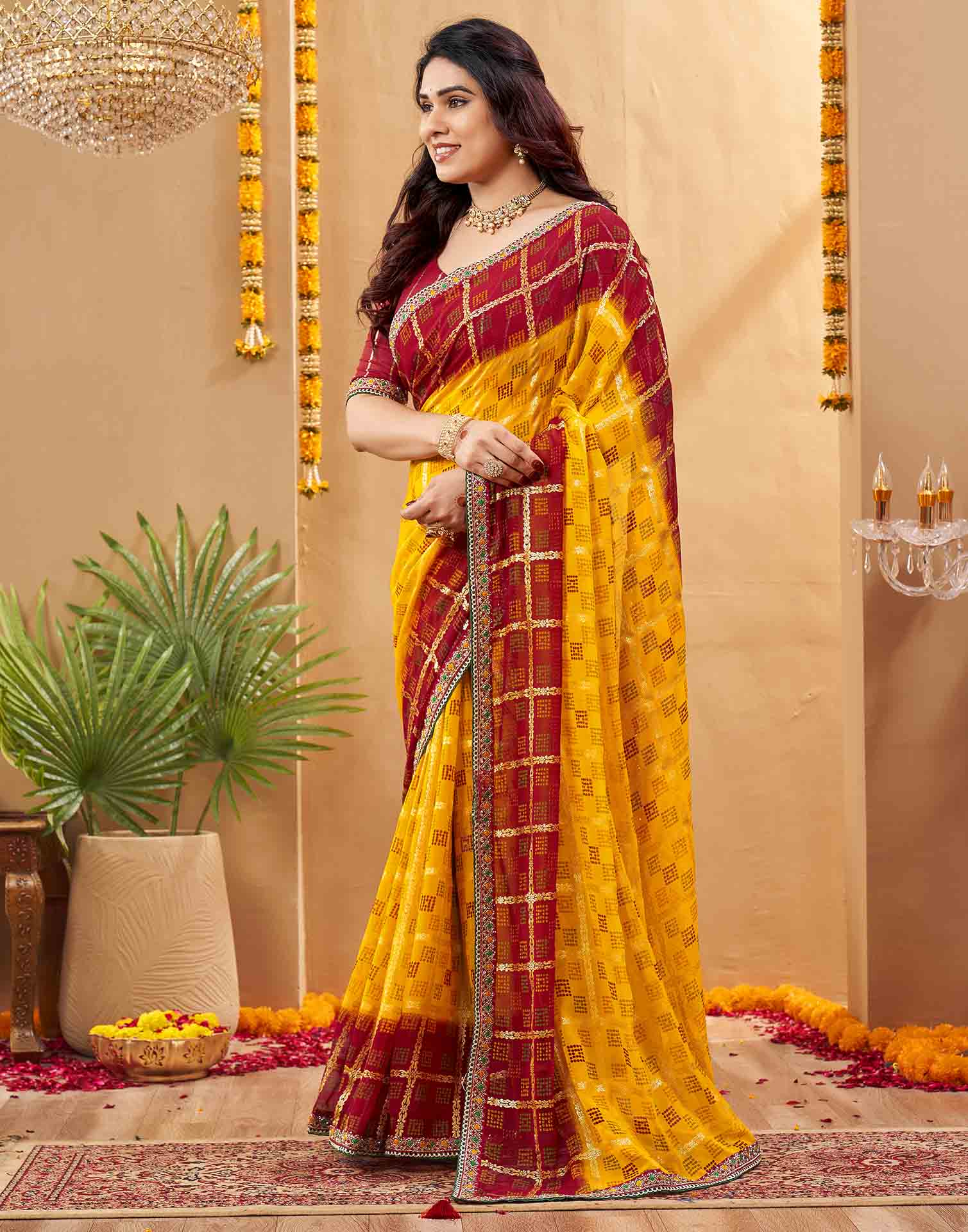 Yellow Georgette Foil Printed Bandhani Saree