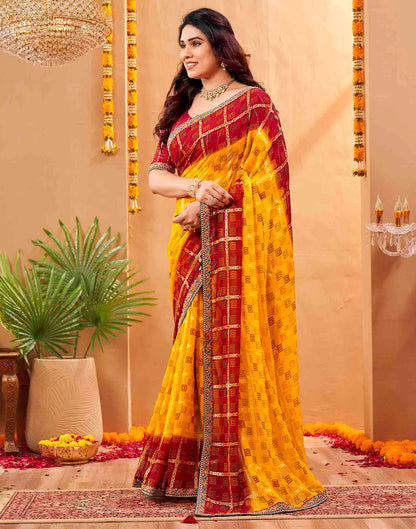 Yellow Georgette Foil Printed Bandhani Saree