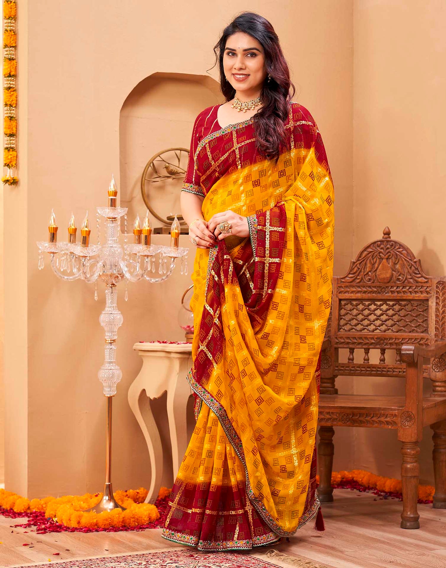 Yellow Georgette Foil Printed Bandhani Saree