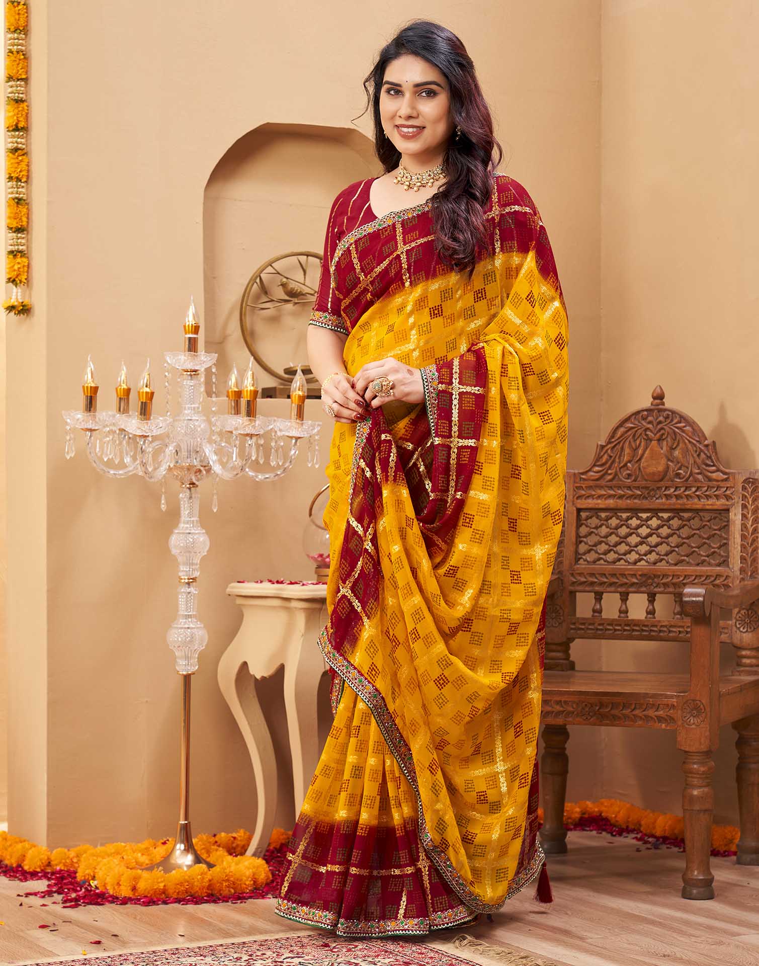 Yellow Georgette Foil Printed Bandhani Saree