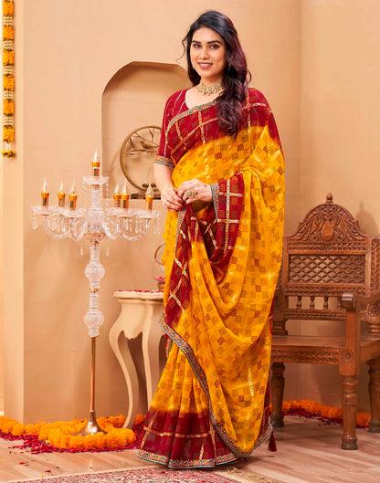 Yellow Georgette Foil Printed Bandhani Saree