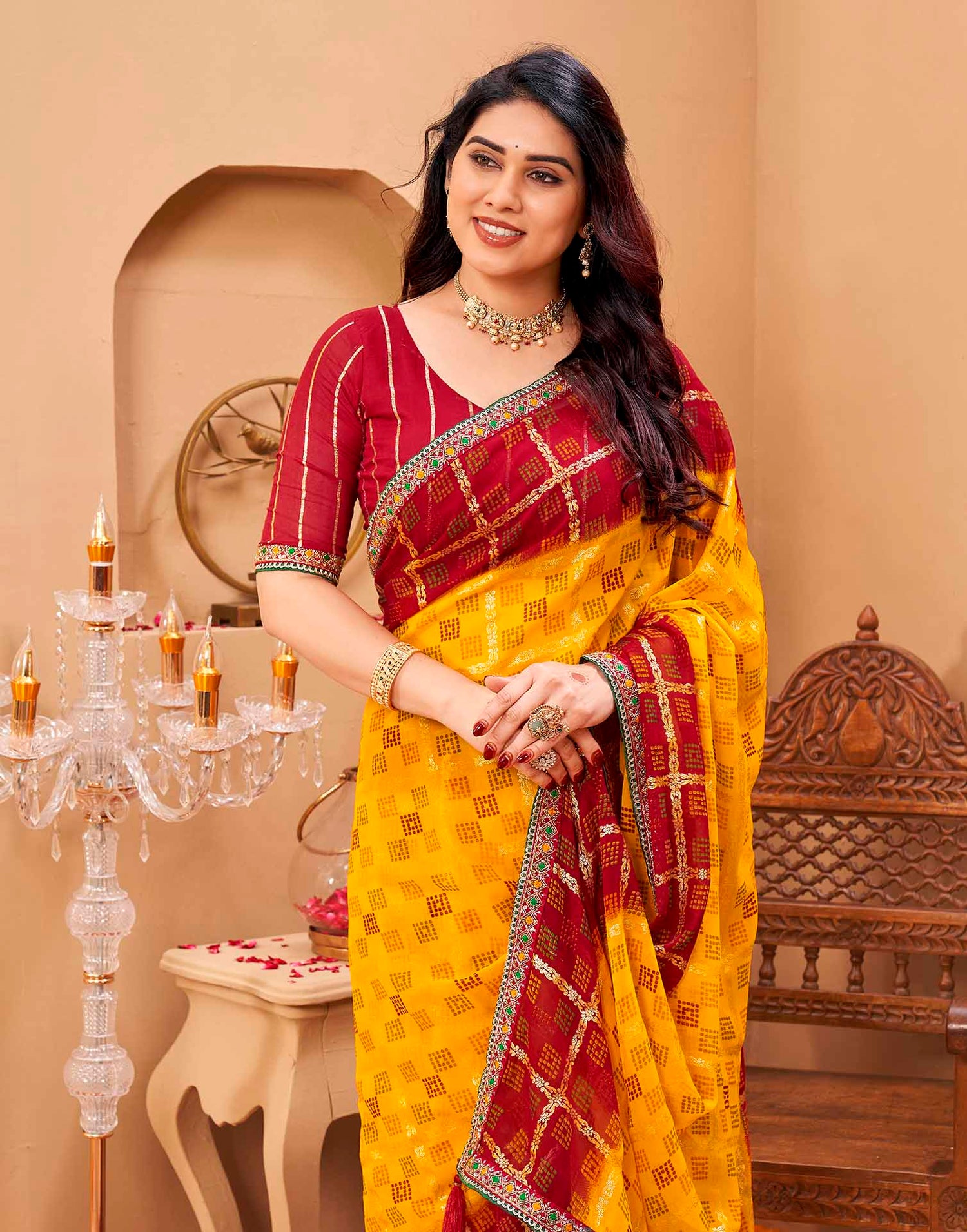 Yellow Georgette Foil Printed Bandhani Saree