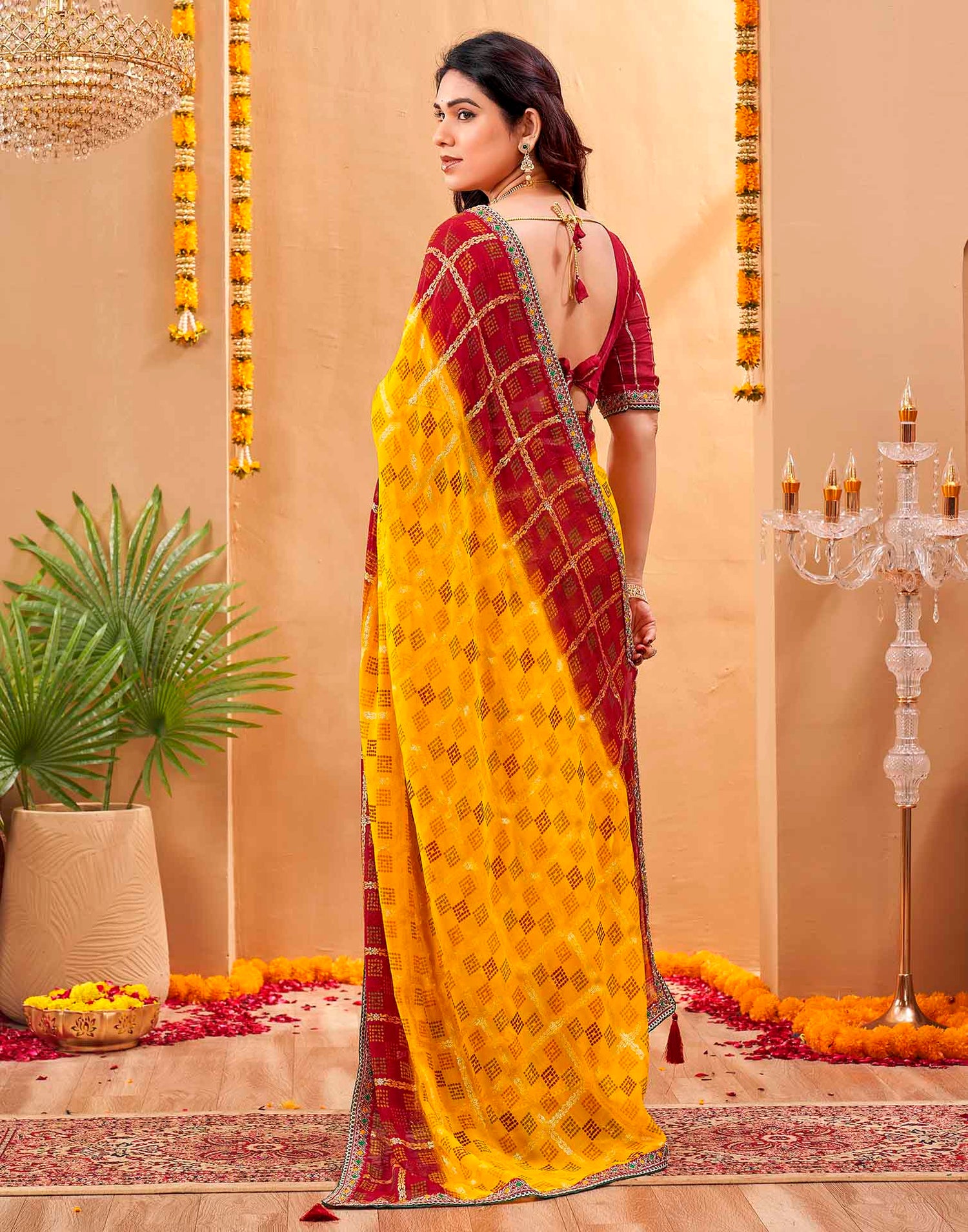 Yellow Georgette Foil Printed Bandhani Saree