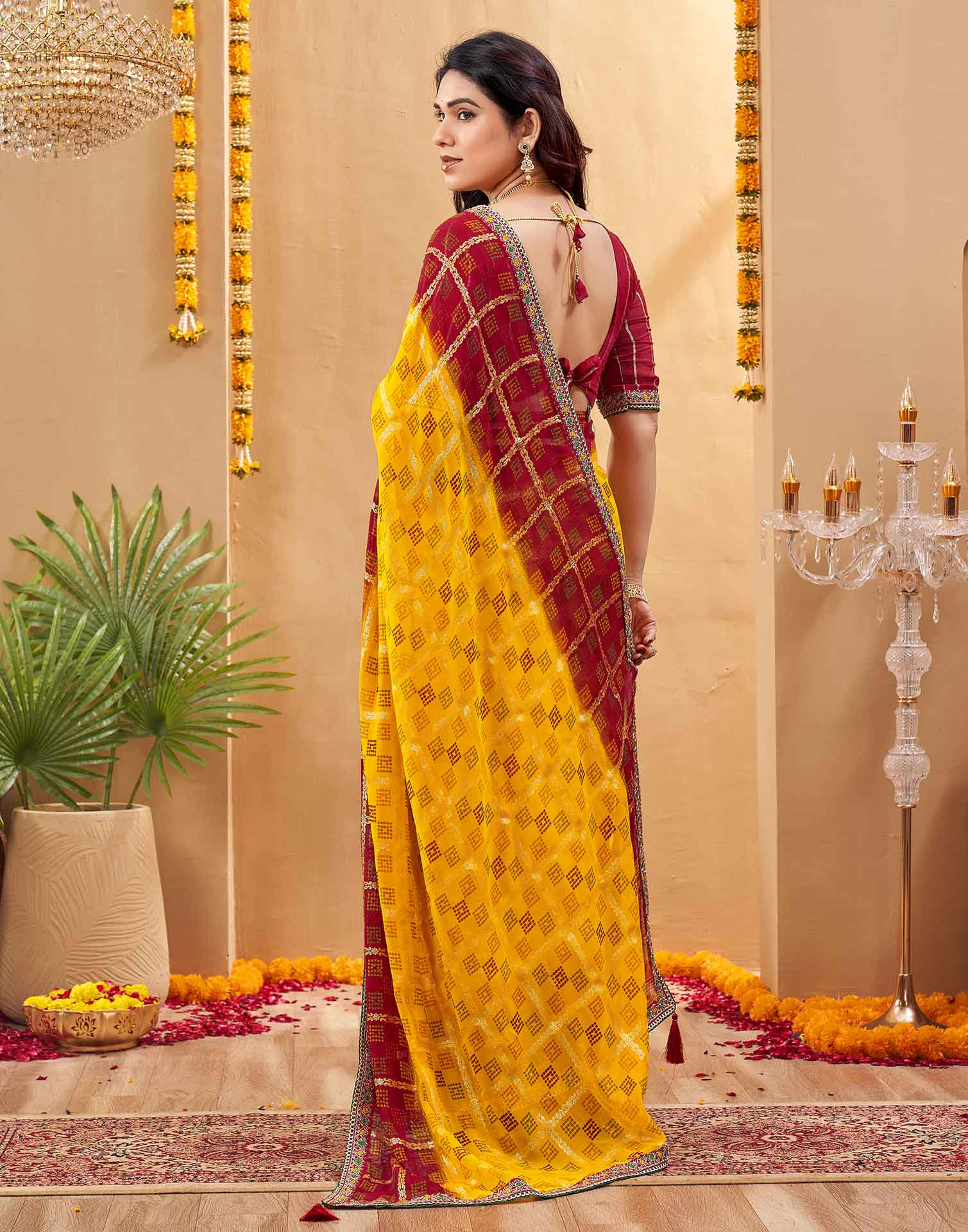 Yellow Georgette Foil Printed Bandhani Saree