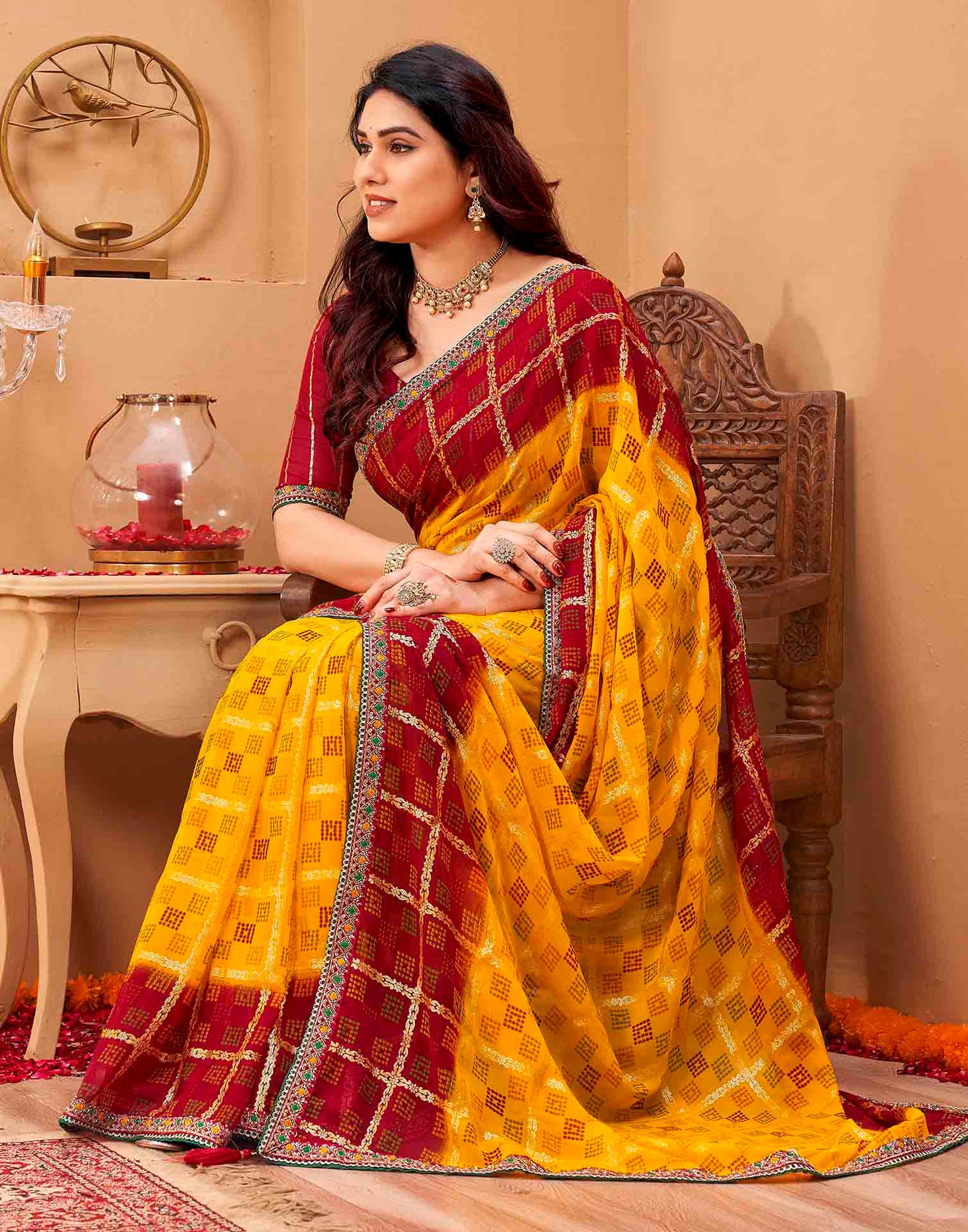 Yellow Georgette Foil Printed Bandhani Saree