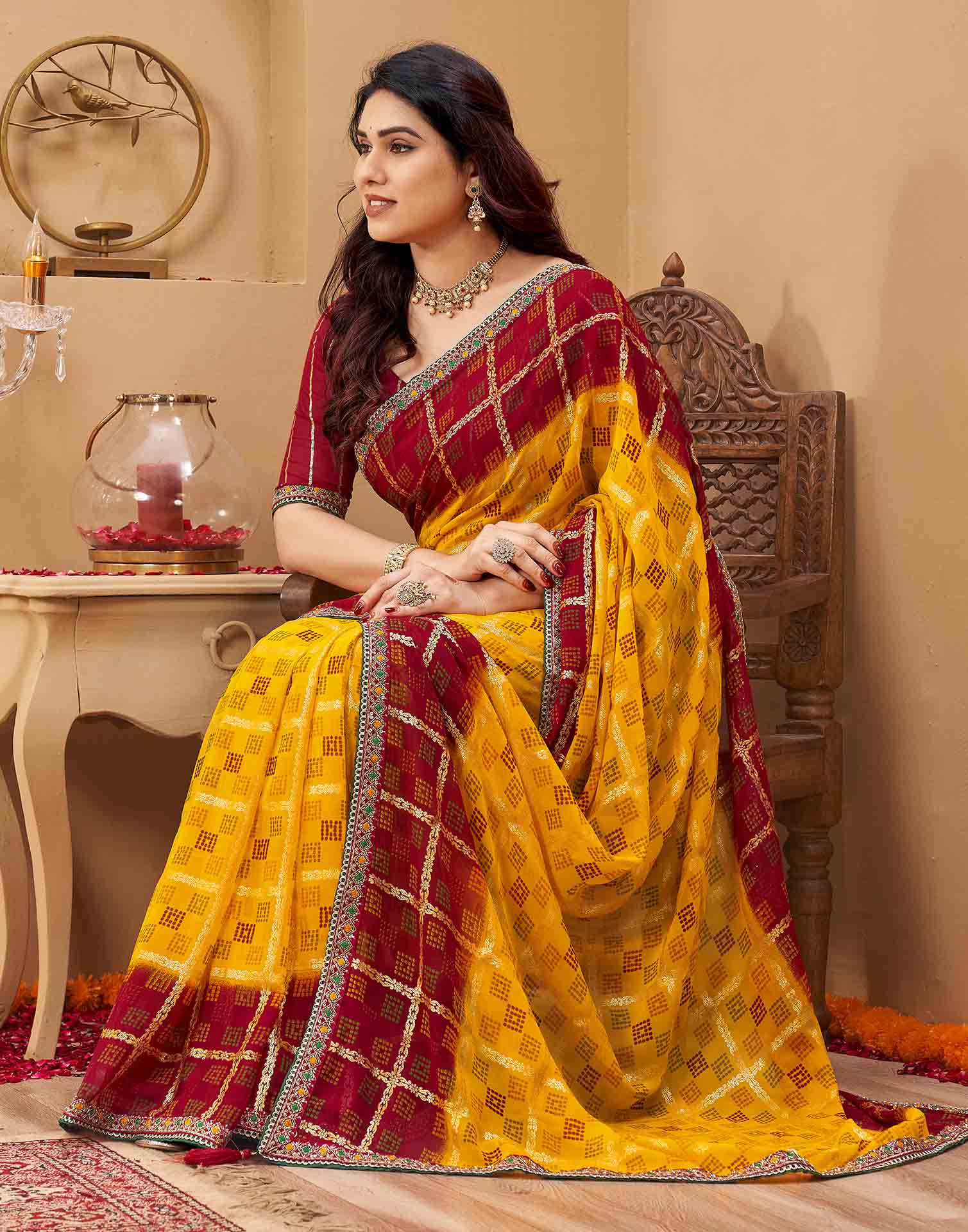 Yellow Georgette Foil Printed Bandhani Saree