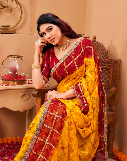 Yellow Georgette Foil Printed Bandhani Saree