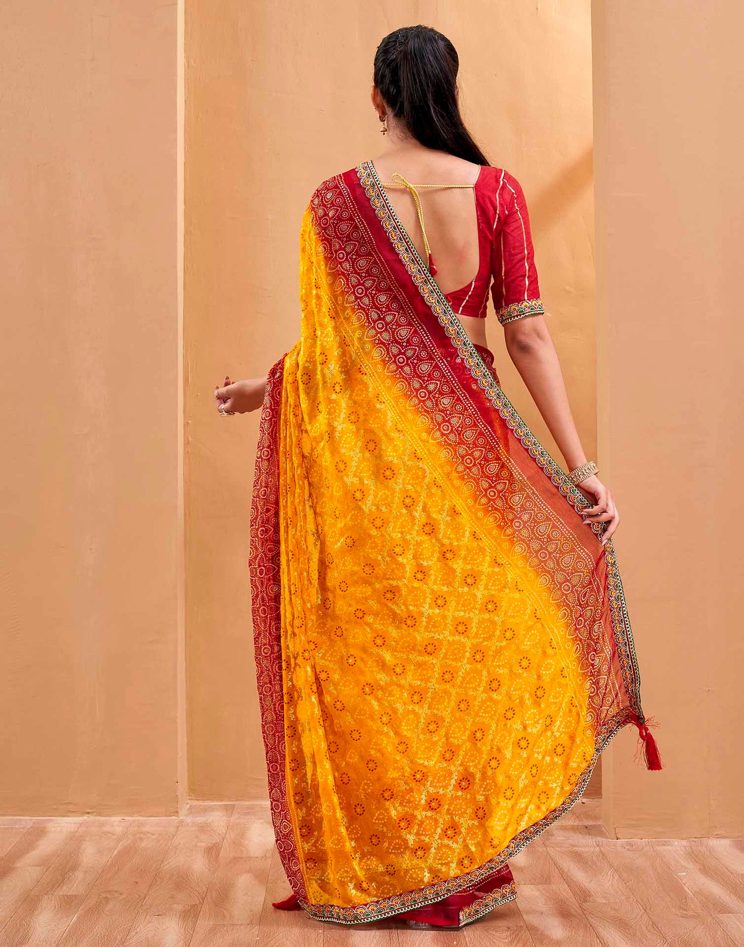 Red Georgette Foil Printed Bandhani Saree