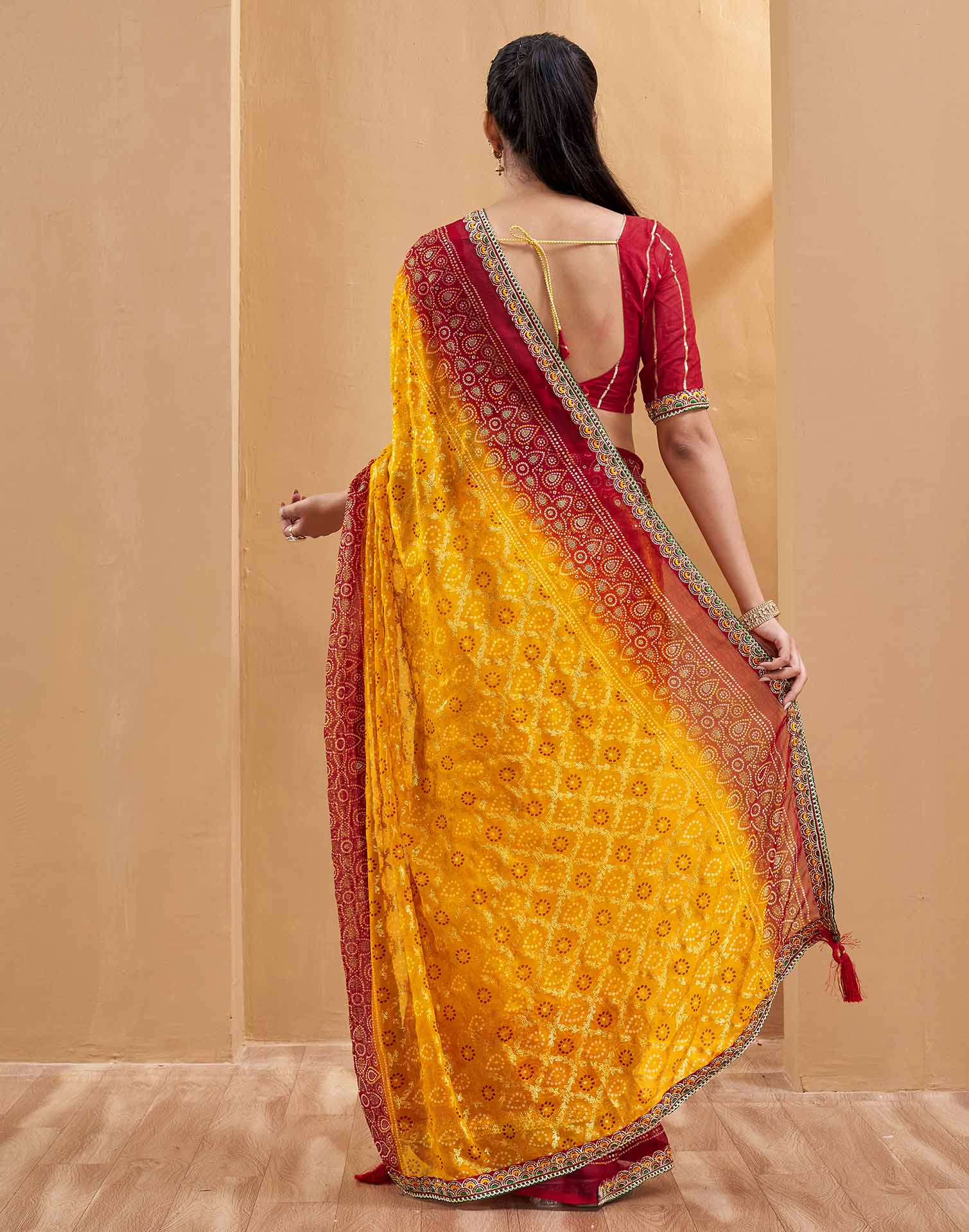 Red Georgette Foil Printed Bandhani Saree