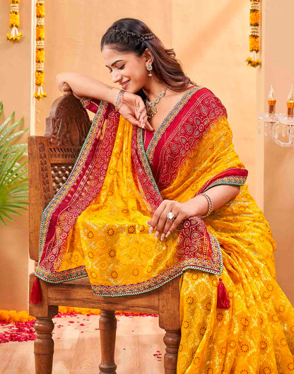 Red Georgette Foil Printed Bandhani Saree