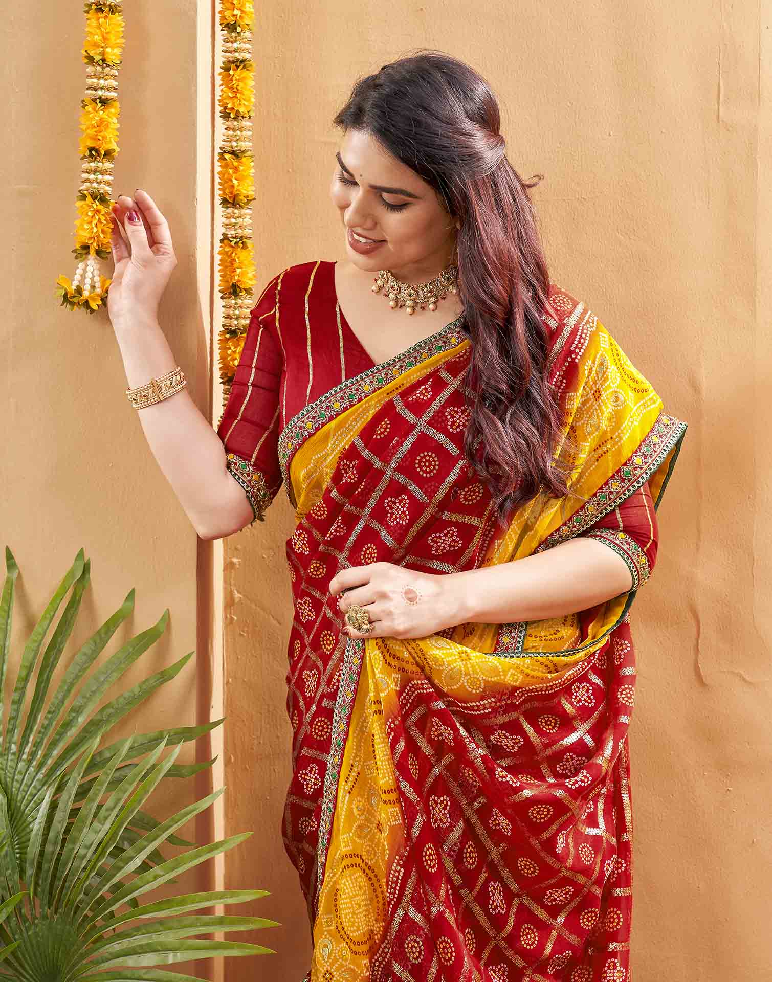 Red Georgette Foil Printed Bandhani Saree