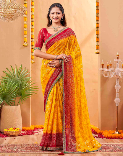 Red Georgette Foil Printed Bandhani Saree
