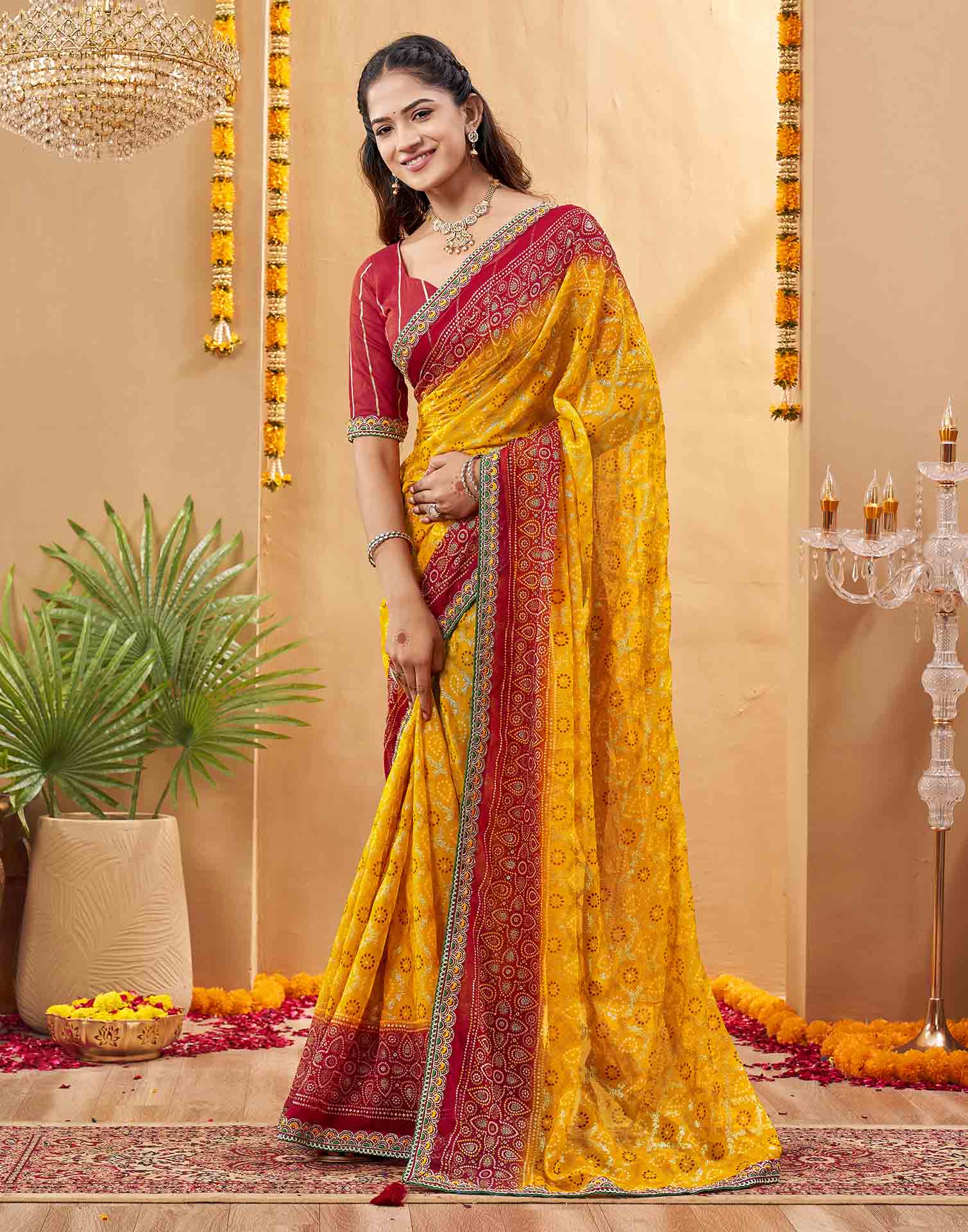 Red Georgette Foil Printed Bandhani Saree