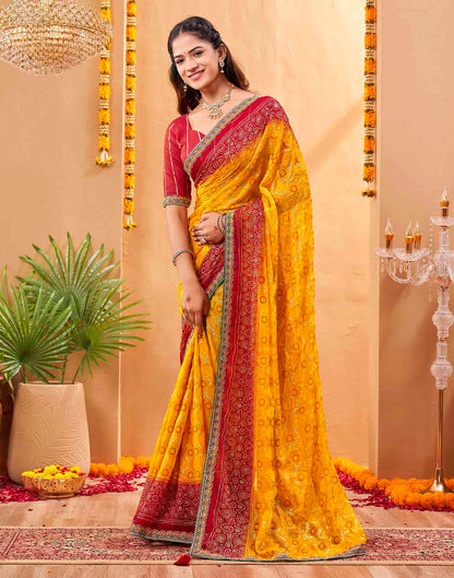 Red Georgette Foil Printed Bandhani Saree