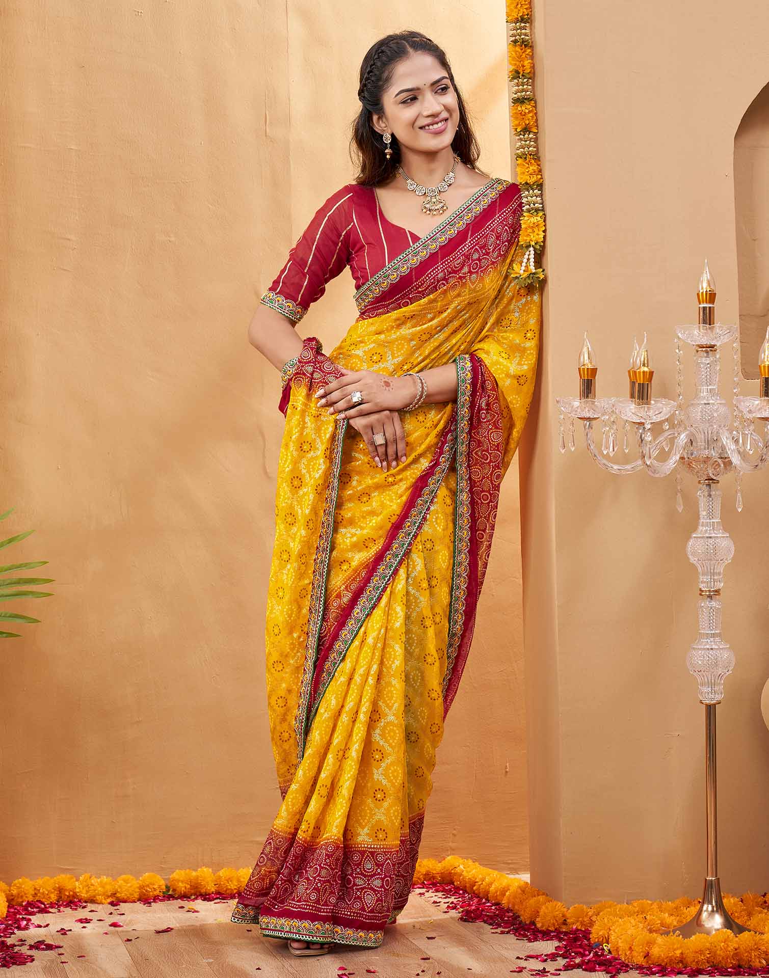 Red Georgette Foil Printed Bandhani Saree