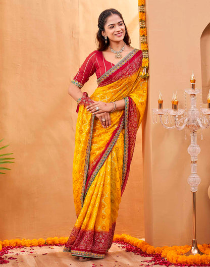 Red Georgette Foil Printed Bandhani Saree