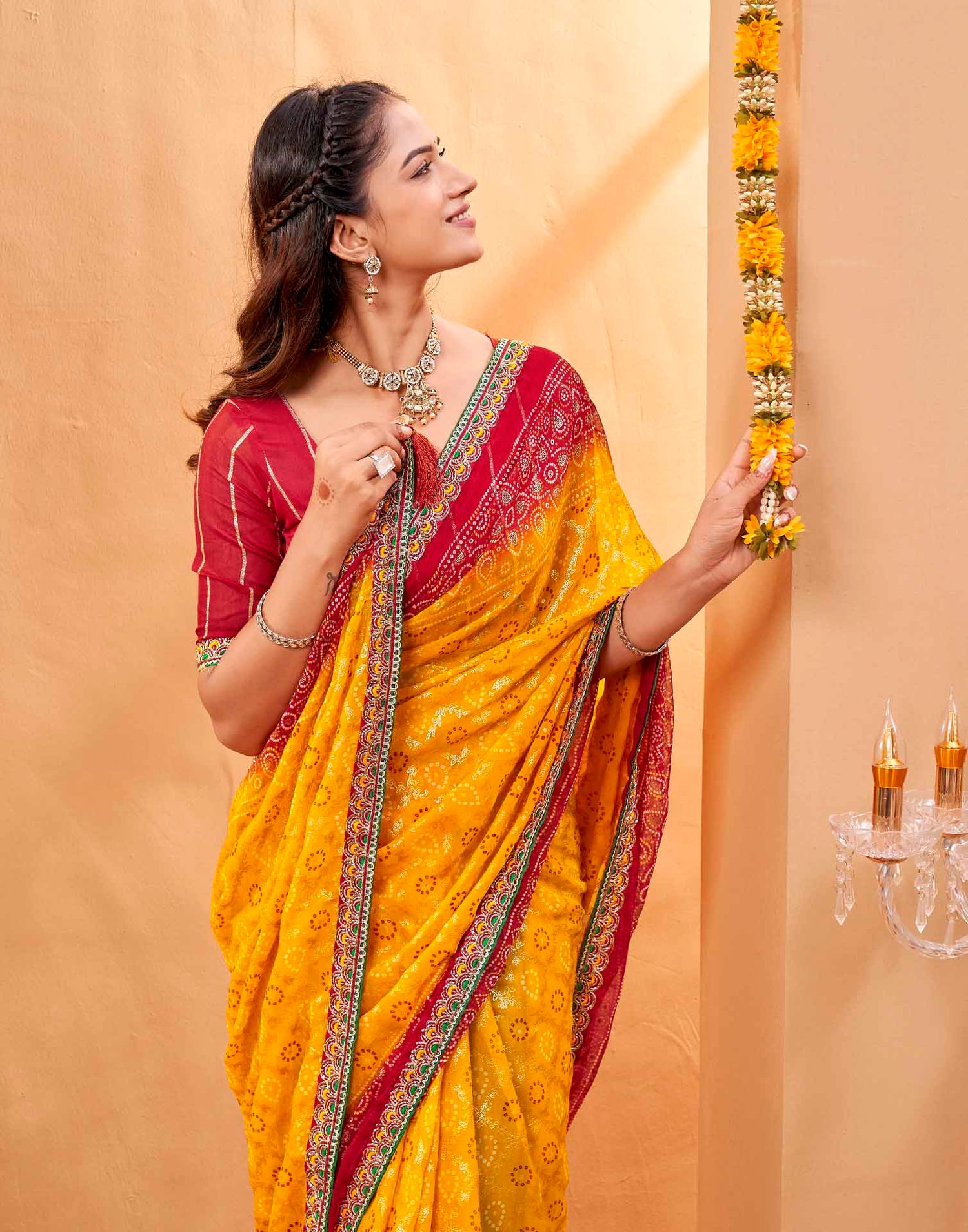 Red Georgette Foil Printed Bandhani Saree