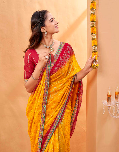 Red Georgette Foil Printed Bandhani Saree