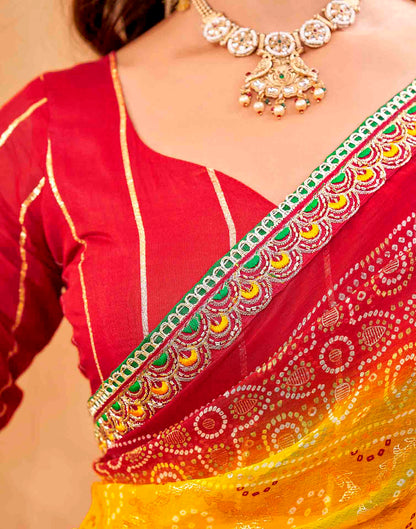 Red Georgette Foil Printed Bandhani Saree