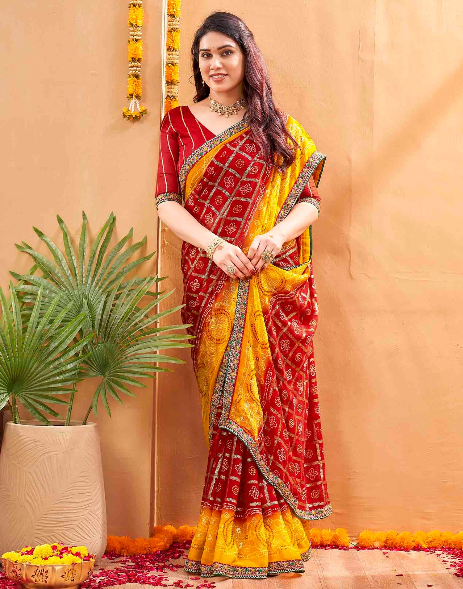 Red Georgette Foil Printed Bandhani Saree