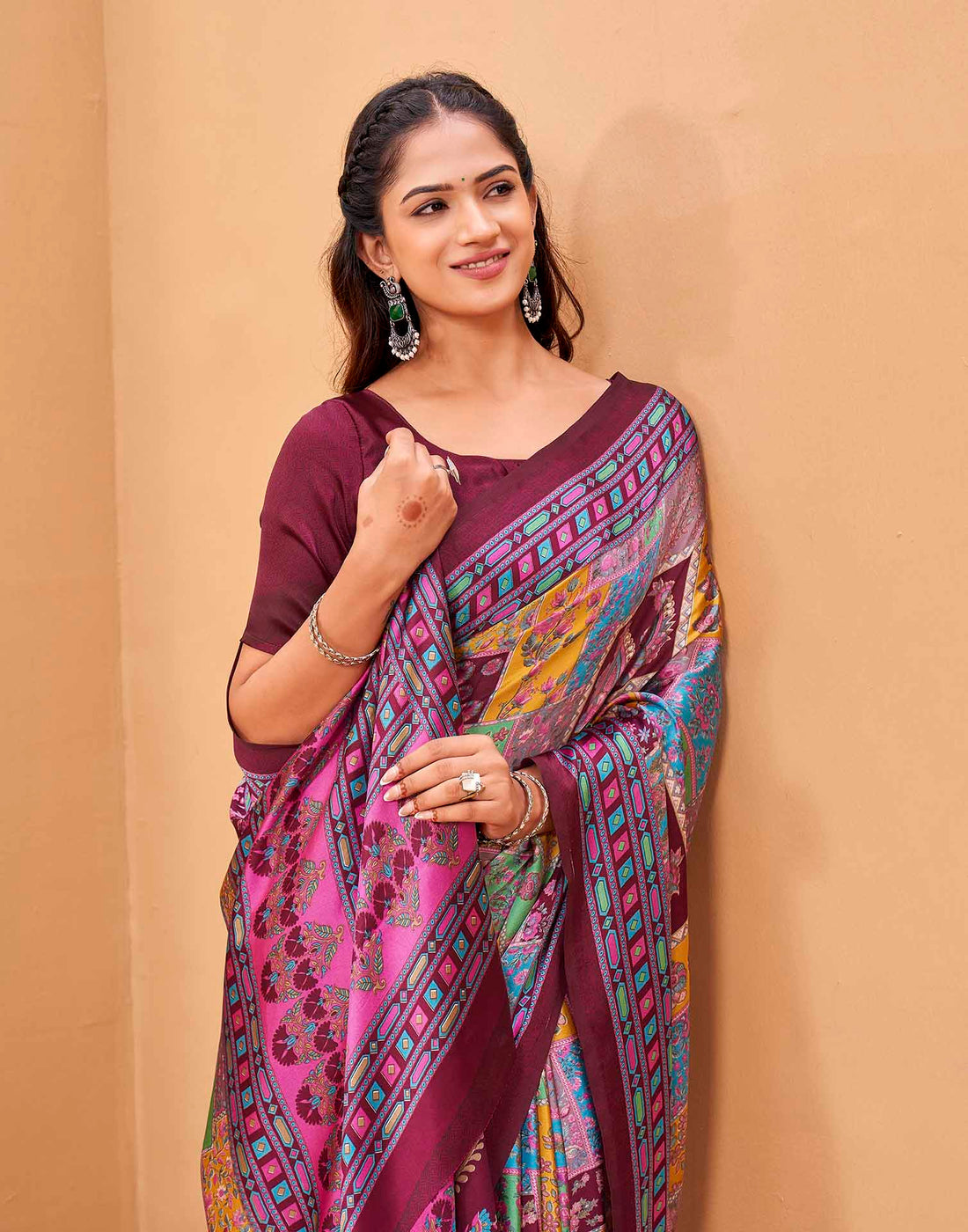 Purple Silk Printed Kalamkari Saree