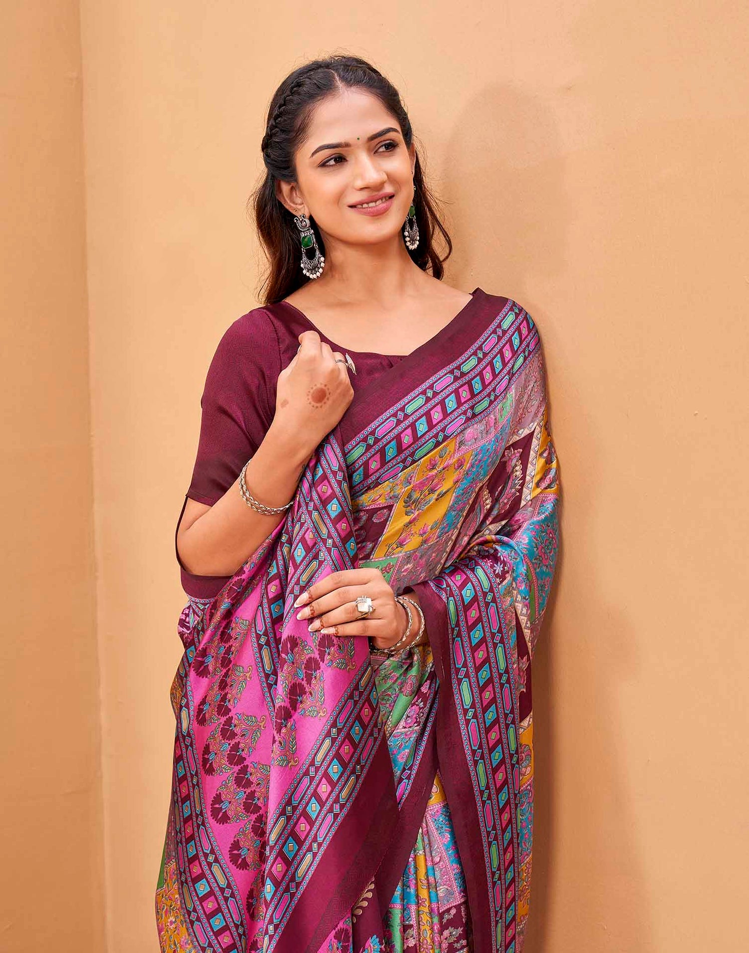 Purple Silk Printed Kalamkari Saree