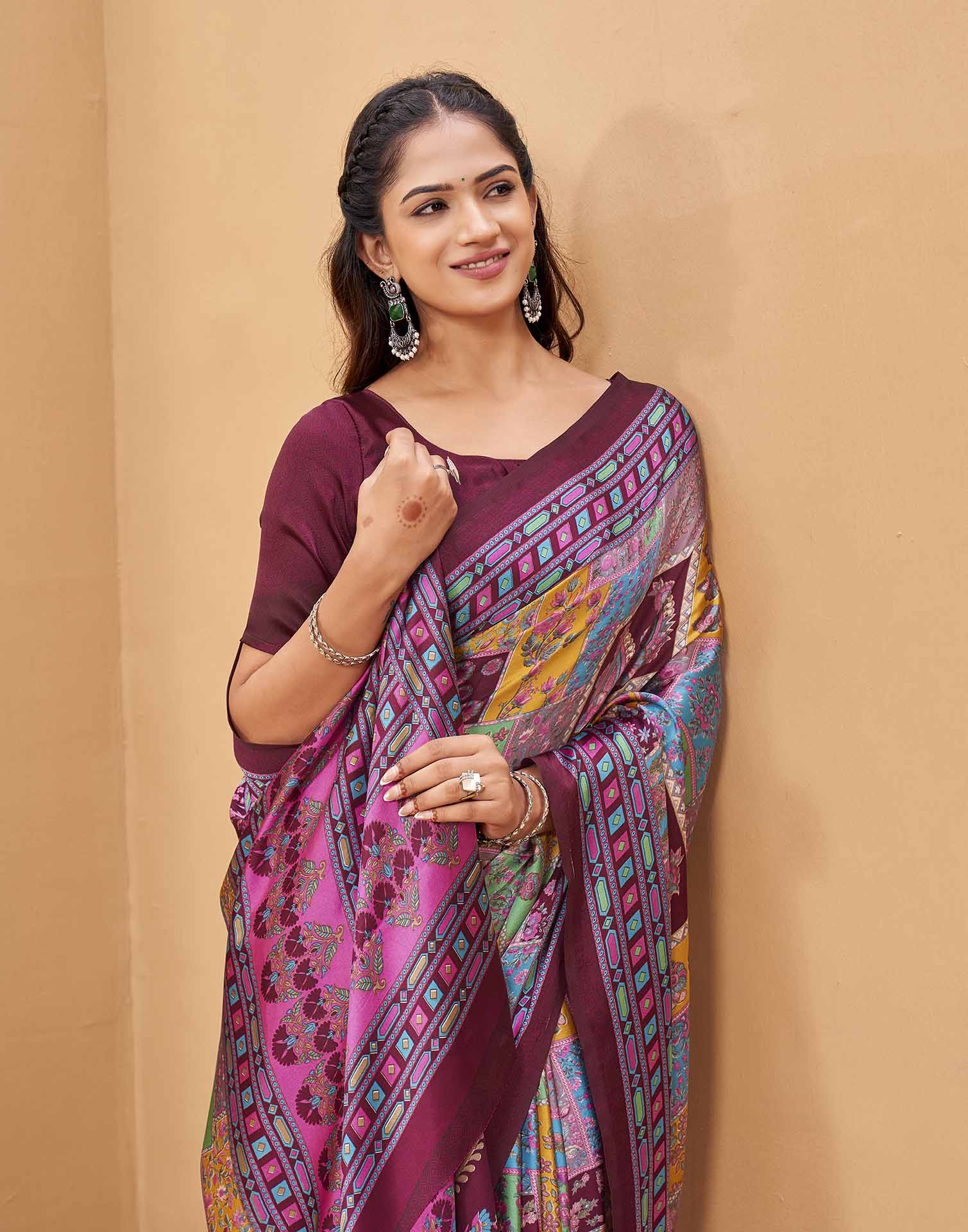 Purple Silk Printed Kalamkari Saree