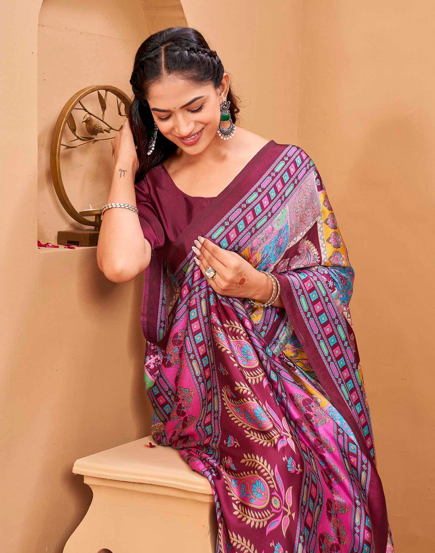 Purple Silk Printed Kalamkari Saree