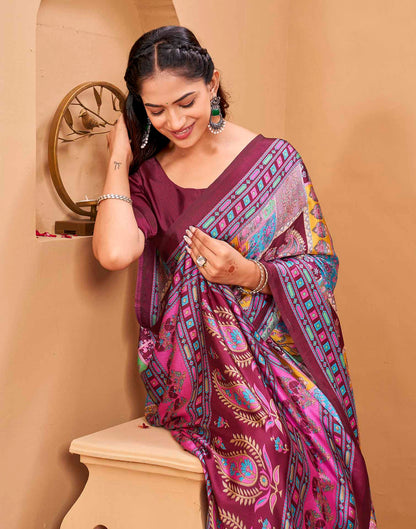 Purple Silk Printed Kalamkari Saree