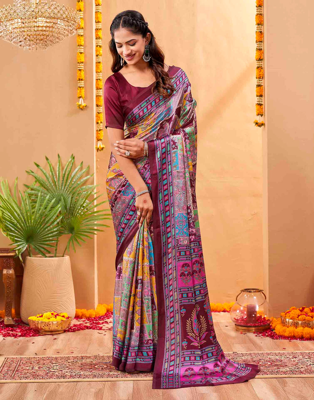 Purple Silk Printed Kalamkari Saree