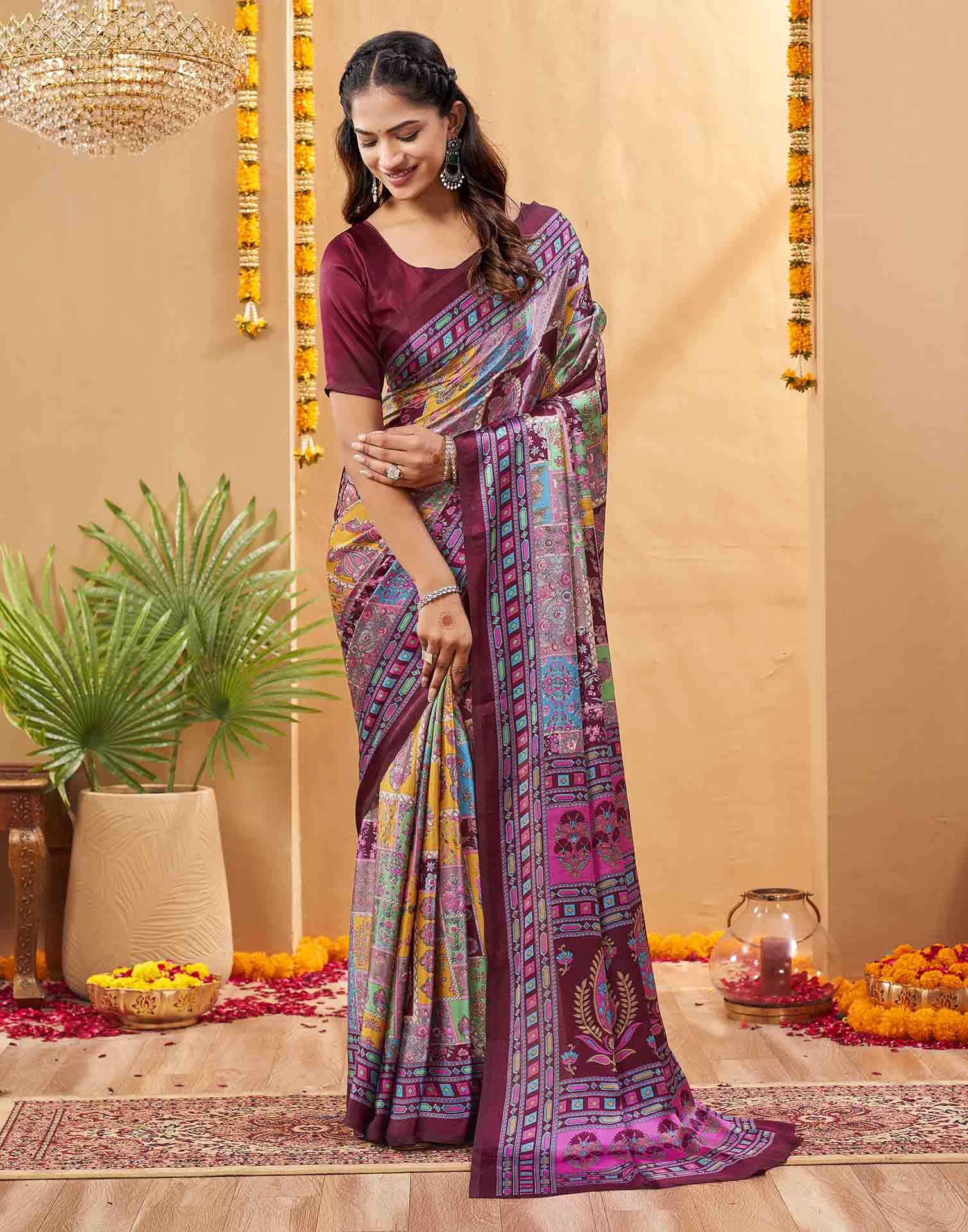 Purple Silk Printed Kalamkari Saree