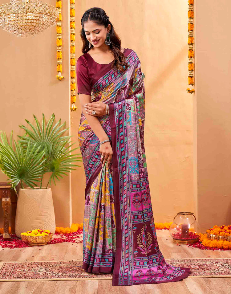 Purple Silk Printed Kalamkari Saree