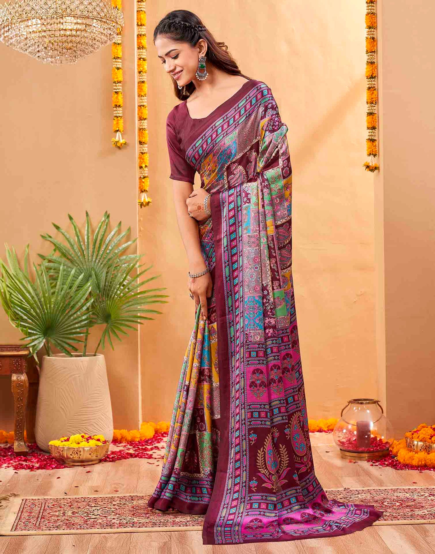 Purple Silk Printed Kalamkari Saree