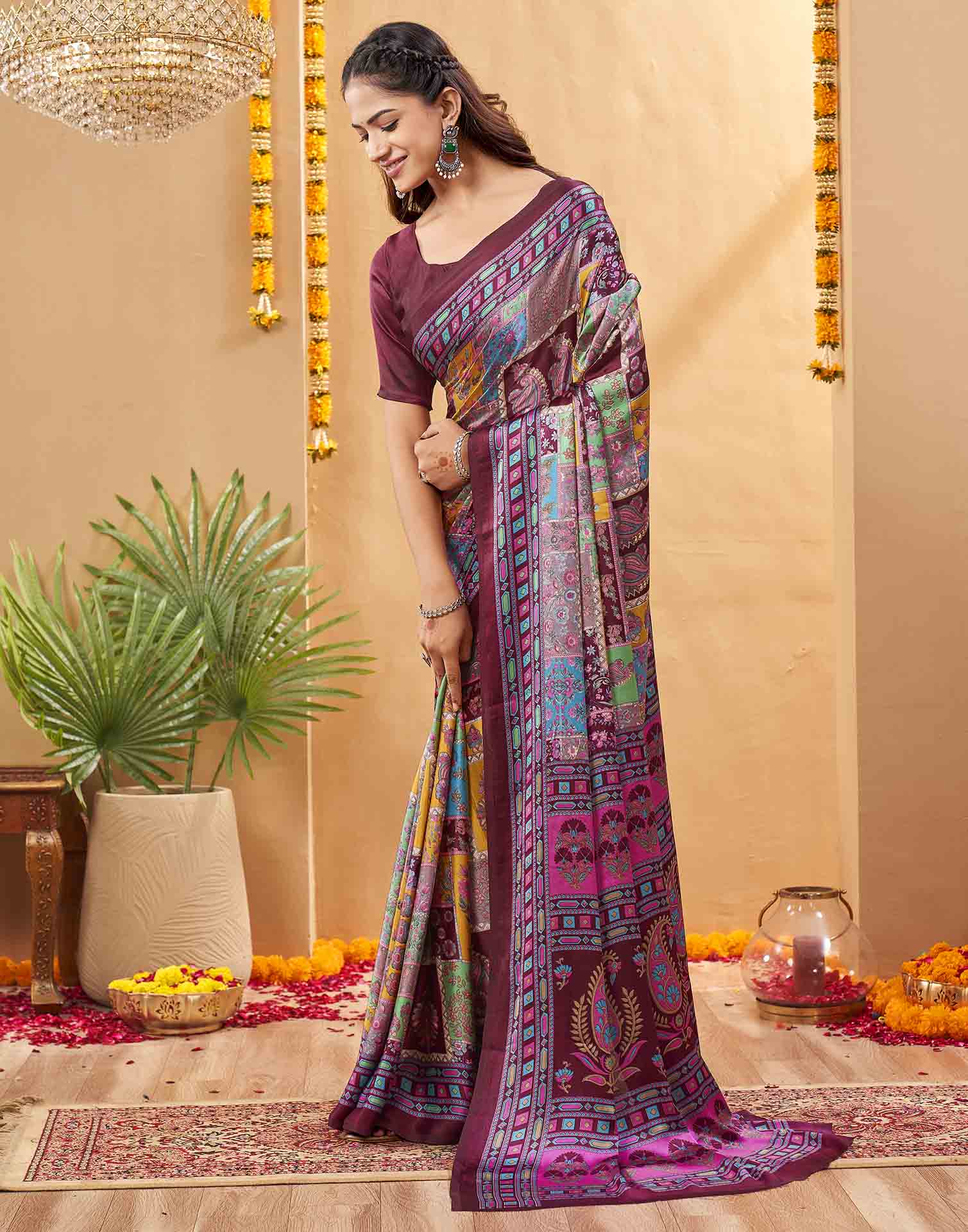 Purple Silk Printed Kalamkari Saree