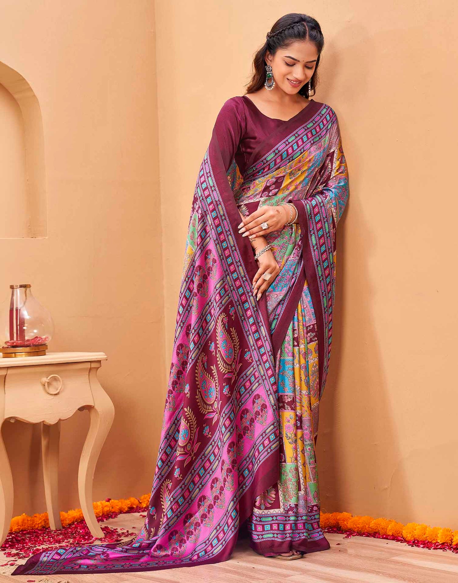 Purple Silk Printed Kalamkari Saree
