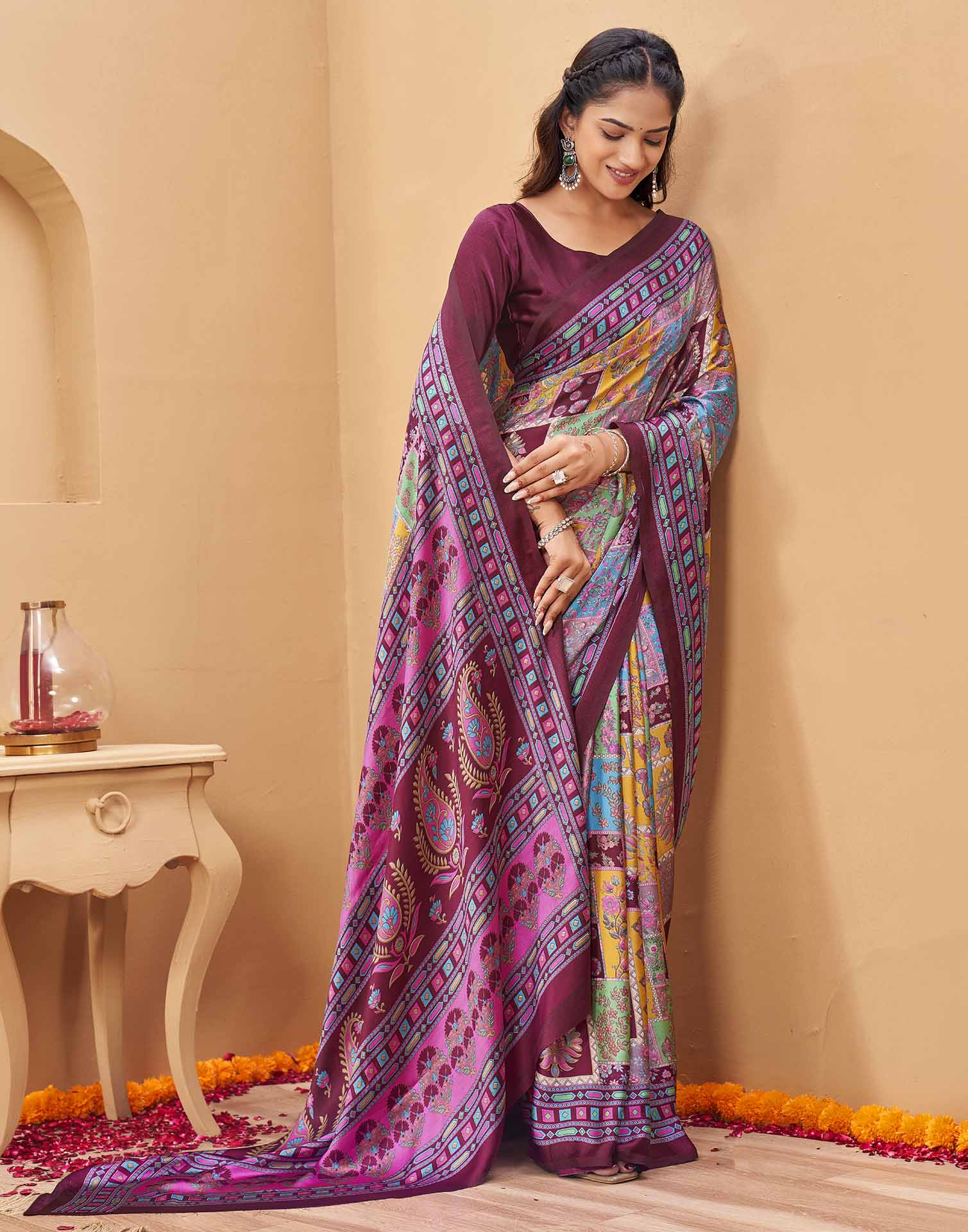 Purple Silk Printed Kalamkari Saree